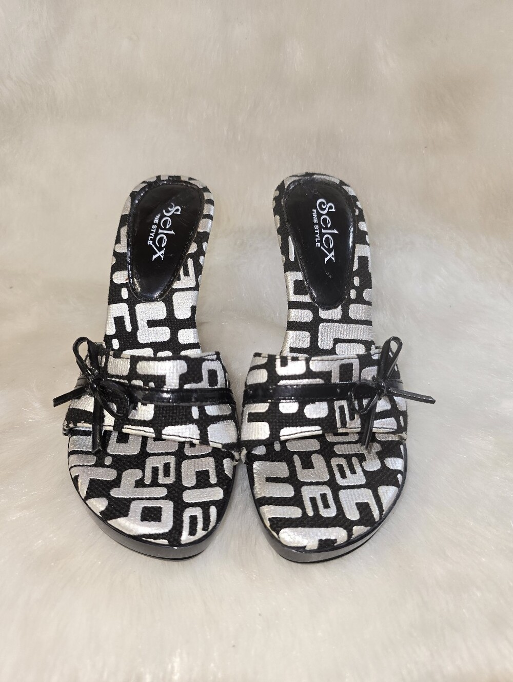Selex Fine Style Womens Silver & White Patterned Platform Heel Slide Sandals - Picture 3 of 13